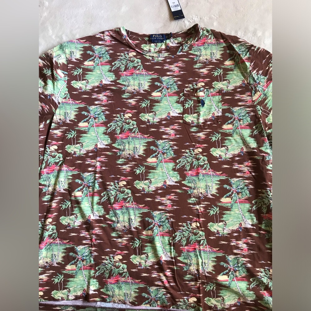Polo Ralph Lauren Brown Tee Shirt with Tropical / Hawaiian Print